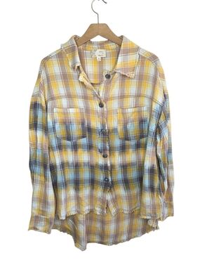 Oli & Hali Mustard Yellow Blue Plaid Button Front Shirt Shacket Frayed Edges